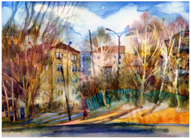 Painting titled "Town. Early spring" by Irene Vlassova, Original Artwork, Watercolor