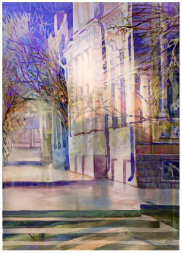 Painting titled "Morning in a city" by Irene Vlassova, Original Artwork, Watercolor