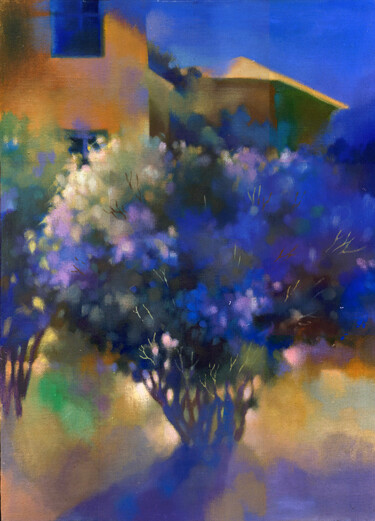 Malerei mit dem Titel "Evening. Lilac" von Irene Vlassova, Original-Kunstwerk, Tempera