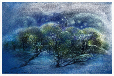 Drawing titled "Winter night" by Irene Vlassova, Original Artwork, Pencil
