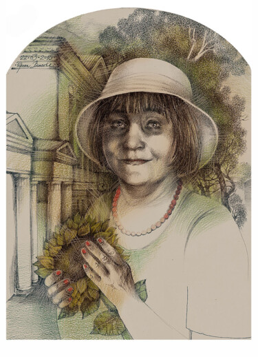 Drawing titled "Lena holding sunflo…" by Irene Vlassova, Original Artwork, Ink