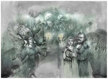 Drawing titled "Night muse hunting…" by Irene Vlassova, Original Artwork, Ink