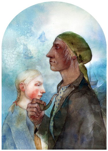 Картина под названием "My granny smokes pi…" - Irene Vlassova, Подлинное произведение искусства, Акварель