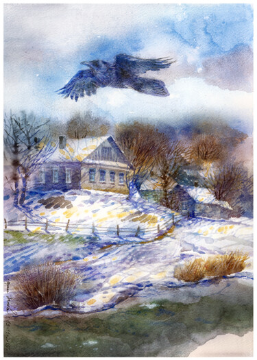 Painting titled "Crow" by Irene Vlassova, Original Artwork, Watercolor