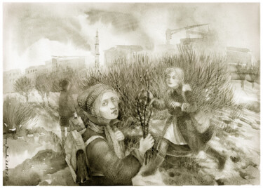 Disegno intitolato "Spring. Schoolgirls." da Irene Vlassova, Opera d'arte originale