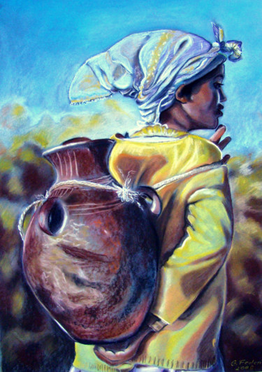 Malerei mit dem Titel "Die Wasserträgerin" von Grazyna Federico, Original-Kunstwerk, Pastell