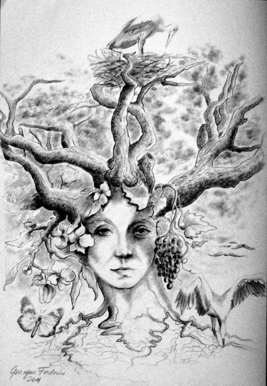 Disegno intitolato "Baum des Lebens" da Grazyna Federico, Opera d'arte originale, Matita