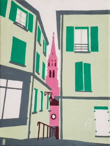 Malerei mit dem Titel "Vue de l'église" von Irène Gautier, Original-Kunstwerk, Acryl Auf Keilrahmen aus Holz montiert