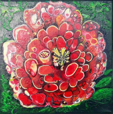 Malerei mit dem Titel "Rote Blume" von Irene Mitawski, Original-Kunstwerk, Acryl