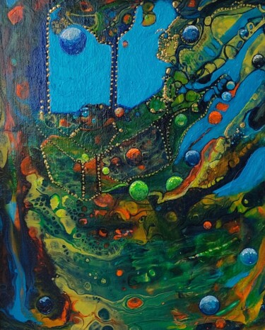 Painting titled "Abstrakt  grün-blau" by Irene Mitawski, Original Artwork, Acrylic Mounted on Other rigid panel