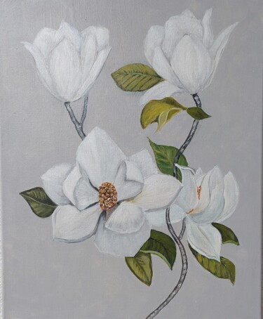 Painting titled "Magnolie" by Irene Mitawski, Original Artwork, Acrylic Mounted on Wood Stretcher frame