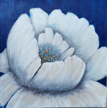 Malerei mit dem Titel "Abstrakte weiße Blu…" von Irene Mitawski, Original-Kunstwerk, Acryl Auf Keilrahmen aus Holz montiert