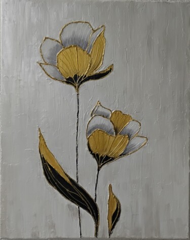 Painting titled "Blumen gold-schwarz" by Irene Mitawski, Original Artwork, Acrylic Mounted on Wood Stretcher frame