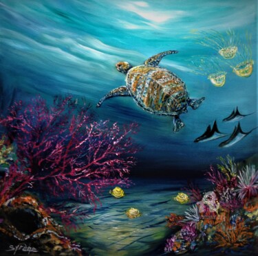 Painting titled "Tortue et raies Man…" by Syrène, Original Artwork, Oil