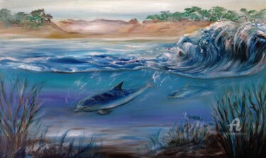 Painting titled "Ballade des dauphins" by Syrène, Original Artwork, Oil