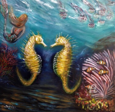 Painting titled "Hippocampes près de…" by Syrène, Original Artwork, Oil