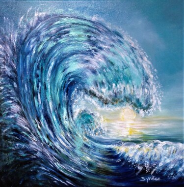 Painting titled "Vague turquoise" by Syrène, Original Artwork, Oil