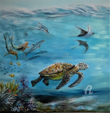 Painting titled "Ballade de la tortue" by Syrène, Original Artwork, Oil