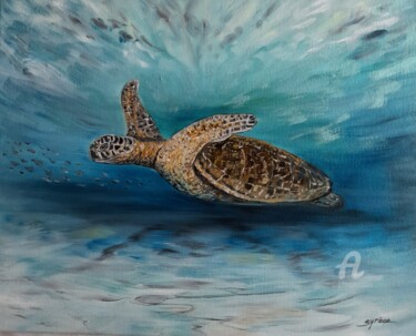 Peinture intitulée "Tortue marine dorée" par Syrène, Œuvre d'art originale, Huile