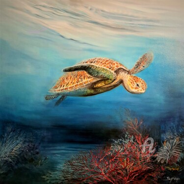 Painting titled "TORTUE ROUSSE" by Syrène, Original Artwork, Oil Mounted on Wood Stretcher frame