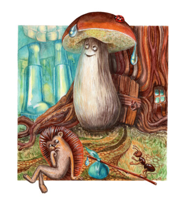 MUSHROOM after rain. Watercolor and pencils. Dessin intitulée "MUSHROOM after rain…" par Irina Shadrina, Œuvre d'art originale, Crayon