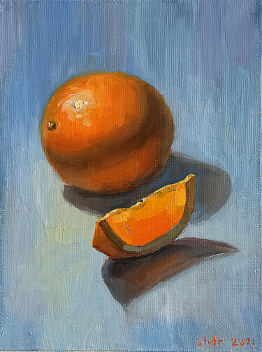 Картина под названием "Orange on blue stil…" - Irina Shadrina, Подлинное произведение искусства, Масло