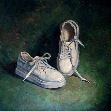 Painting titled "White shoes on green" by Irina Shadrina, Original Artwork, Oil Mounted on Wood Stretcher frame