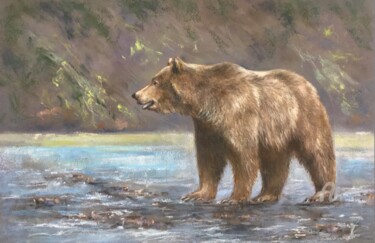 Drawing titled "Bear-Fisherman" by Irene_art, Original Artwork, Pastel