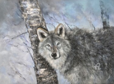 Dibujo titulada "Wolf. Winter forest." por Irene_art, Obra de arte original, Pastel
