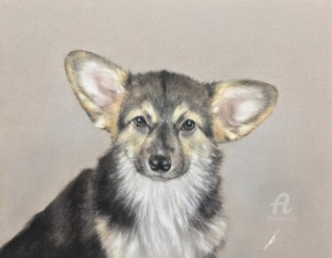 Dessin intitulée "Dog - big ears))" par Irene_art, Œuvre d'art originale, Pastel