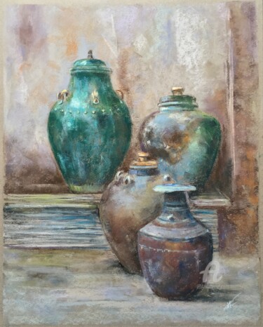 Desenho intitulada "Still life with jugs" por Irene_art, Obras de arte originais, Pastel