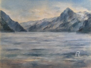 Zeichnungen mit dem Titel "Lake and mountains." von Irene_art, Original-Kunstwerk, Pastell