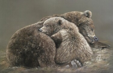 Drawing titled "Mother bear with cub" by Irene_art, Original Artwork, Pastel