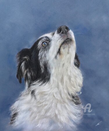 Рисунок под названием "Dog on blue" - Irene_art, Подлинное произведение искусства, Пастель
