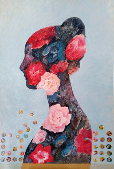 Painting titled "Girl with pink roses" by Iriia Belogorskaya, Original Artwork, Acrylic Mounted on Metal