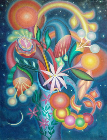 Painting titled "Flowers at night" by Iriia Belogorskaya, Original Artwork, Oil