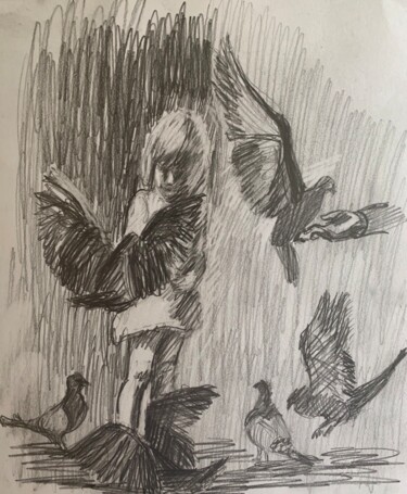 Dibujo titulada ""Girl and pigeons".…" por Irina Abramova, Obra de arte original, Lápiz