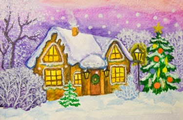 Ζωγραφική με τίτλο "Christmas house" από Irina Afonskaya, Αυθεντικά έργα τέχνης, Ακουαρέλα