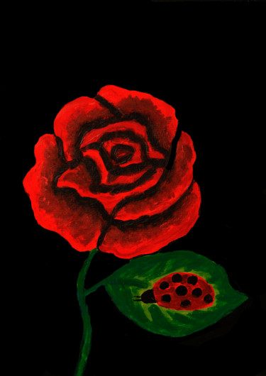 Pittura intitolato "Red rose with ladyb…" da Irina Afonskaya, Opera d'arte originale, Olio