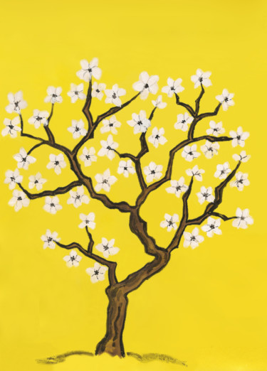 Pittura intitolato "White tree on yello…" da Irina Afonskaya, Opera d'arte originale, Acquarello