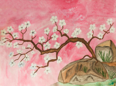 Little tree with white flowers on stone on pink background Painting titled "Little tree with wh…" by Irina Afonskaya, Original Art, Watercolor