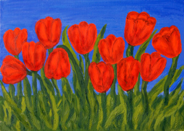 Картина под названием "Red tulips on blue…" - Irina Afonskaya, Подлинное произведение искусства, Масло