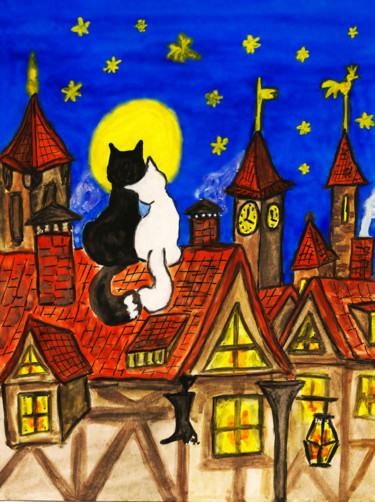 Pintura titulada "Two cats on the roof" por Irina Afonskaya, Obra de arte original, Acuarela