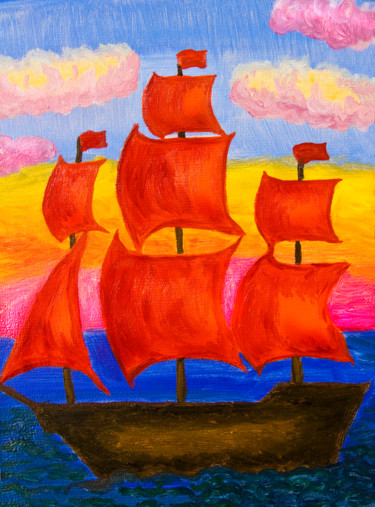 Pittura intitolato "Ship wit red sails" da Irina Afonskaya, Opera d'arte originale, Olio