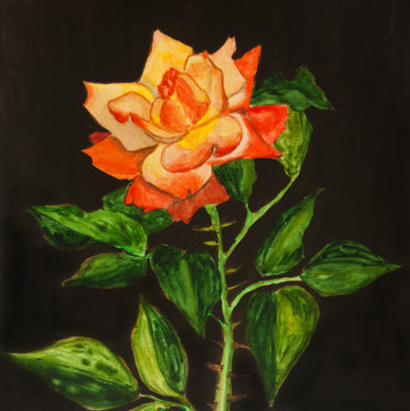 Картина под названием "Yellow-red rose on…" - Irina Afonskaya, Подлинное произведение искусства, Акварель