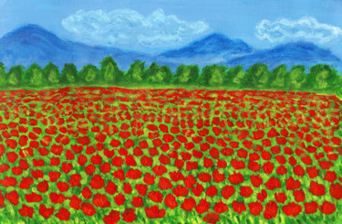 Schilderij getiteld "Meadow with red pop…" door Irina Afonskaya, Origineel Kunstwerk, Acryl