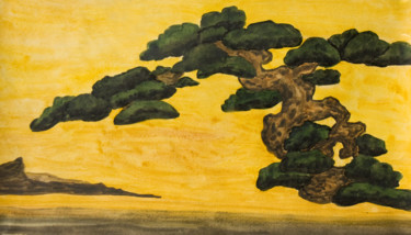 Pittura intitolato "Pine tree on yellow…" da Irina Afonskaya, Opera d'arte originale, Acquarello