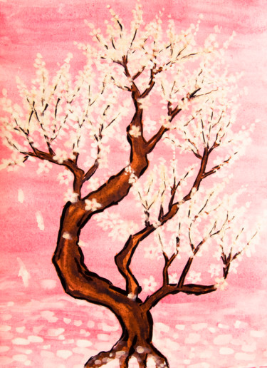 Ζωγραφική με τίτλο "White tree on pink" από Irina Afonskaya, Αυθεντικά έργα τέχνης, Ακουαρέλα