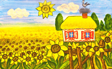 Malerei mit dem Titel "House with sunflowe…" von Irina Afonskaya, Original-Kunstwerk, Aquarell