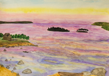 Painting titled "Pink sunset in sea" by Irina Afonskaya, Original Artwork, Watercolor